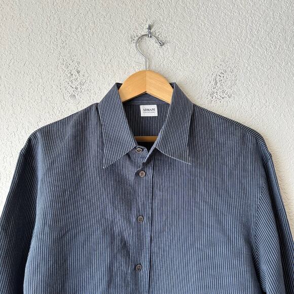 ARMANI COLLEZIONI Shirt Blue Black Pinstriped Button Up Office Preppy - Picture 4 of 10